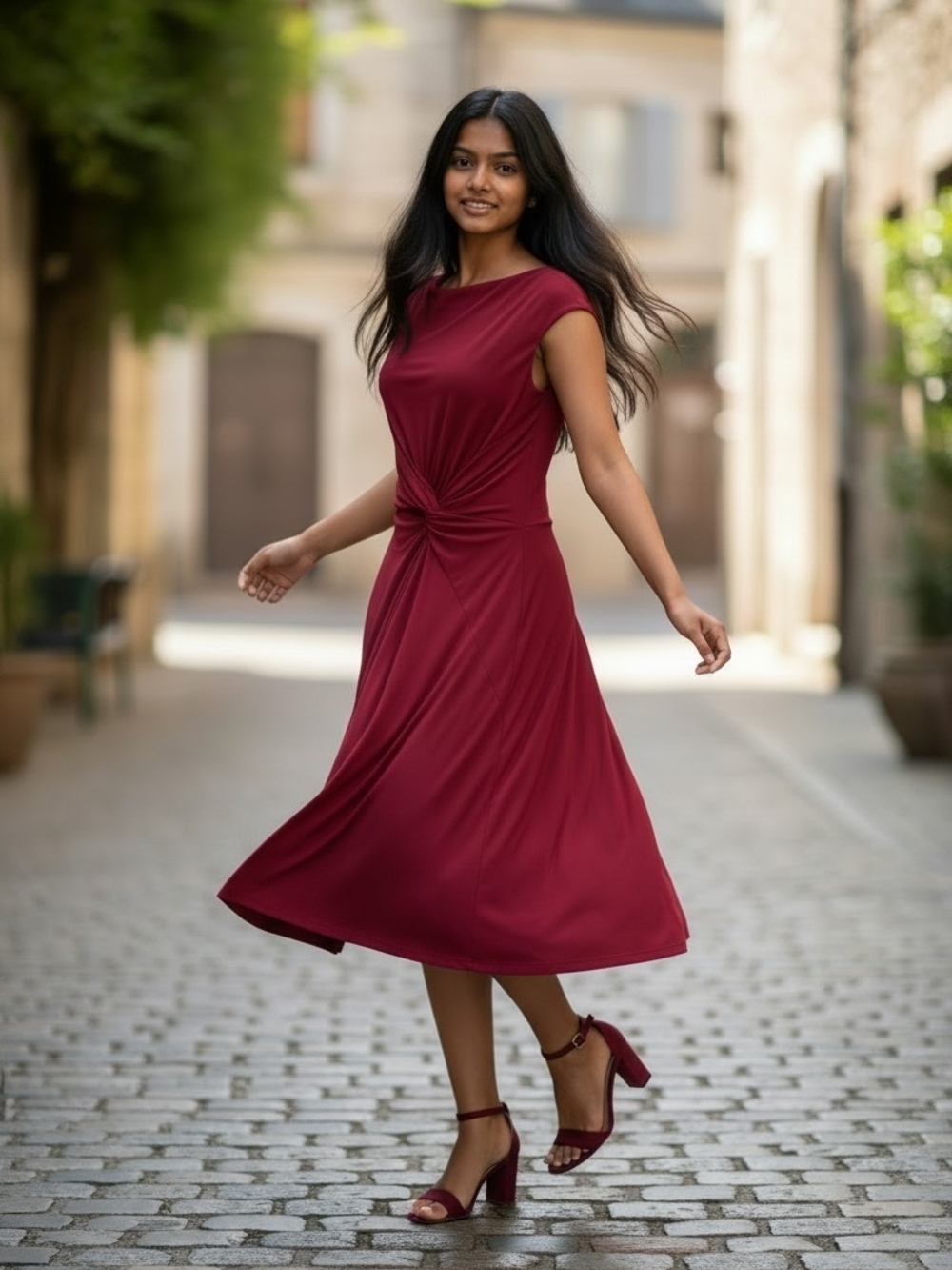 Ralph LaurenElegant Twist-Front Midi Dress in Burgundy